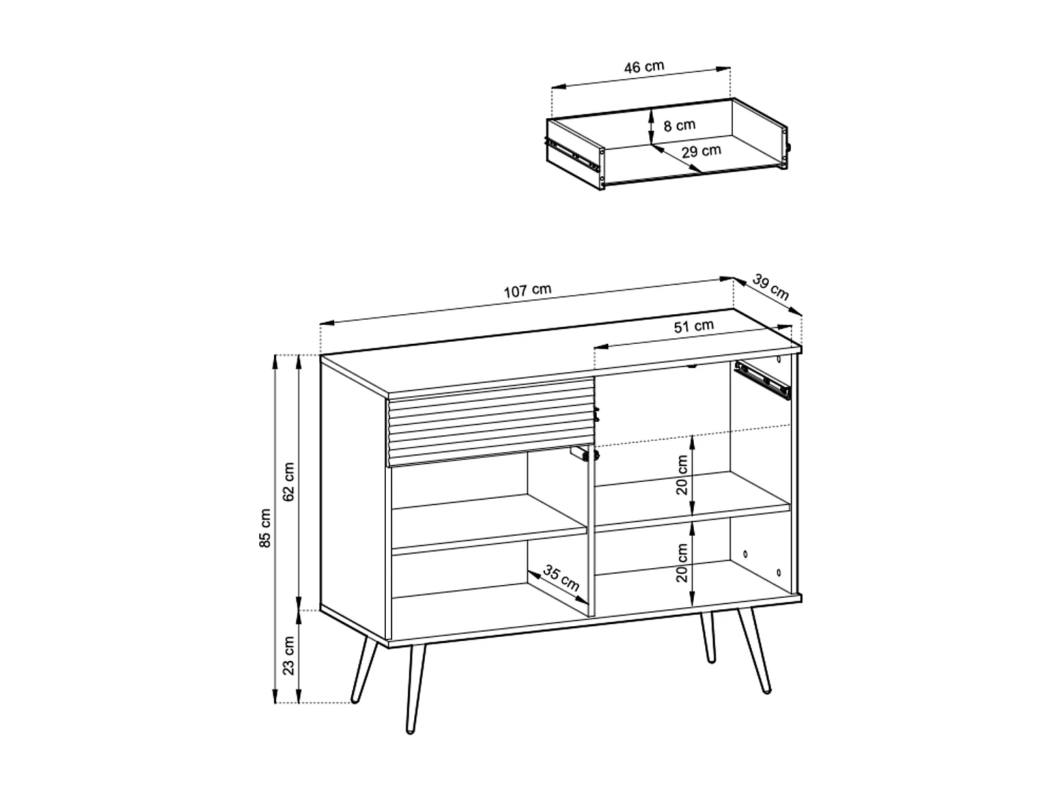 Buffet blanc glamour avec pieds dorés, 107 x 39 x 85 cm