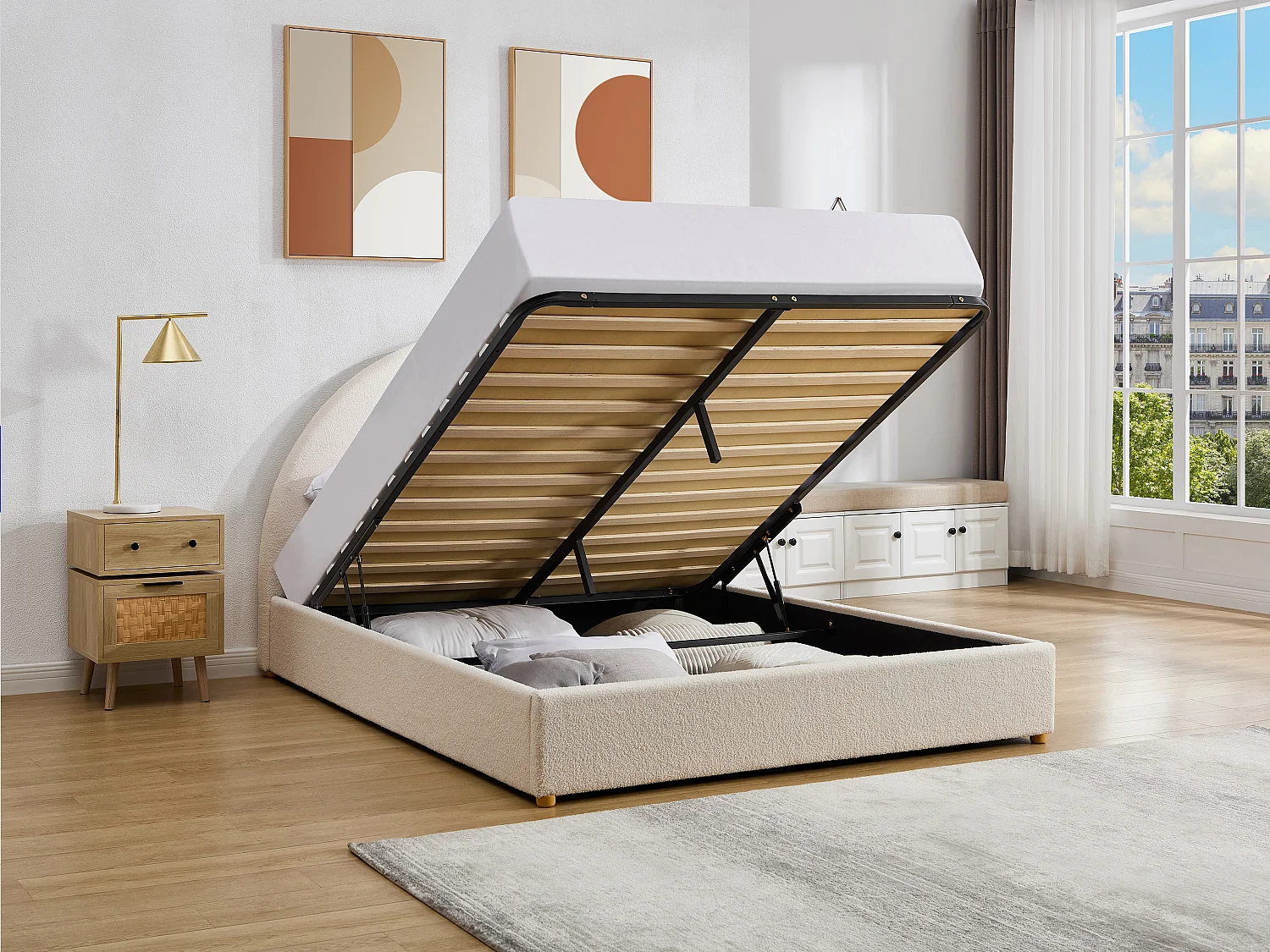 Sengekasse 140 x 190 cm - Bouclé stof – Hvid – CALIDORYA