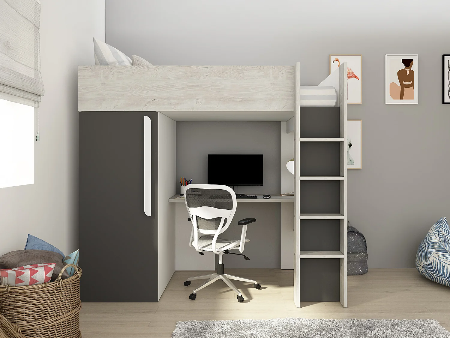 Lit mezzanine 90 x 200 cm avec armoire et bureau – Coloris : Naturel et anthracite - NICOLAS