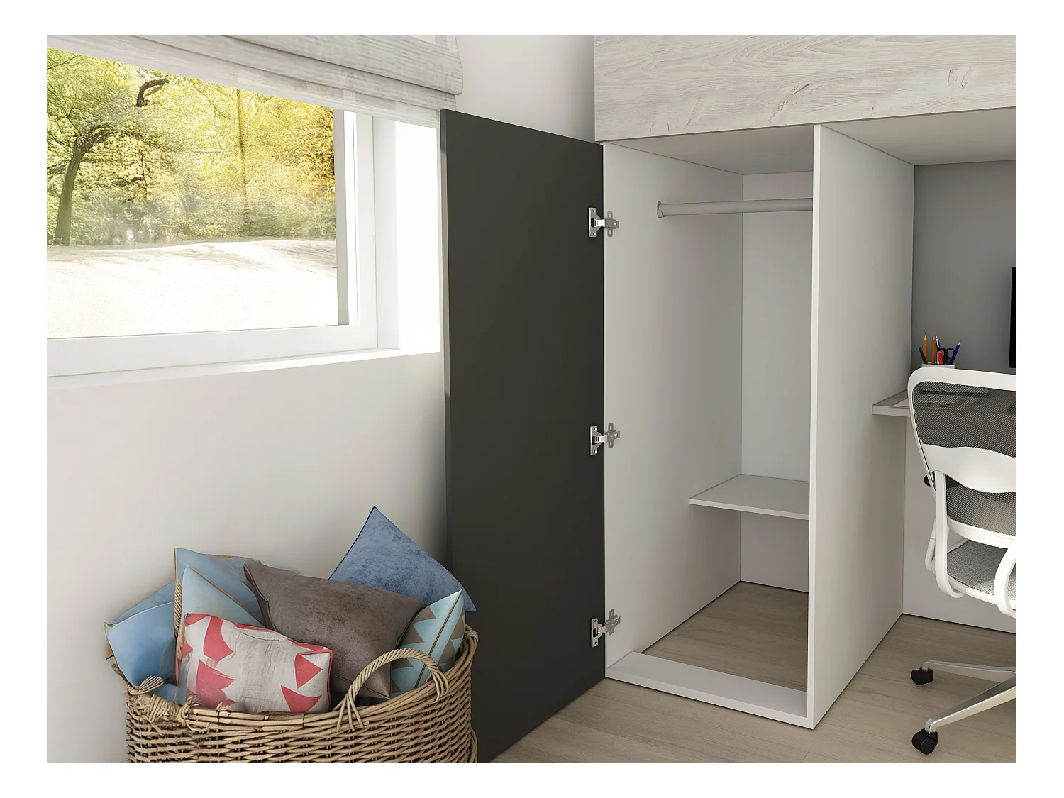 Lit mezzanine 90 x 200 cm avec armoire et bureau – Coloris : Naturel et anthracite - NICOLAS