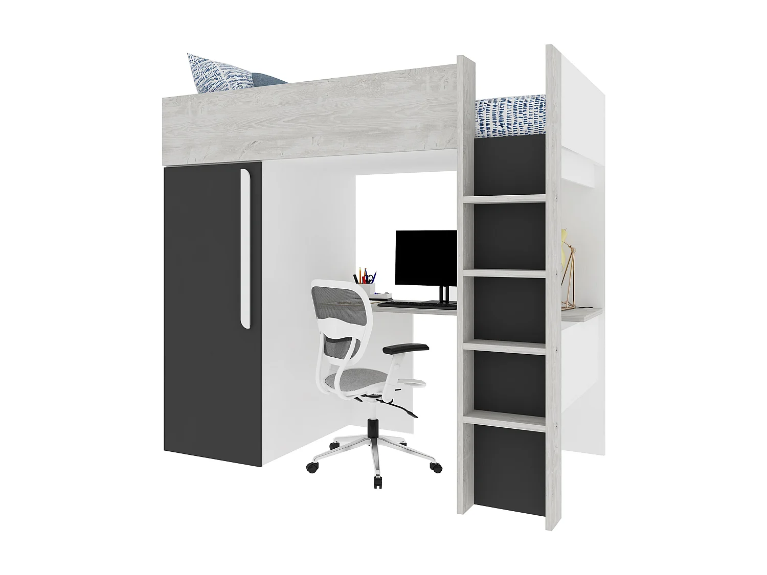 Loftseng 90 x 200 cm med skab og skrivebord - Farve: Natur og antracit - NICOLAS