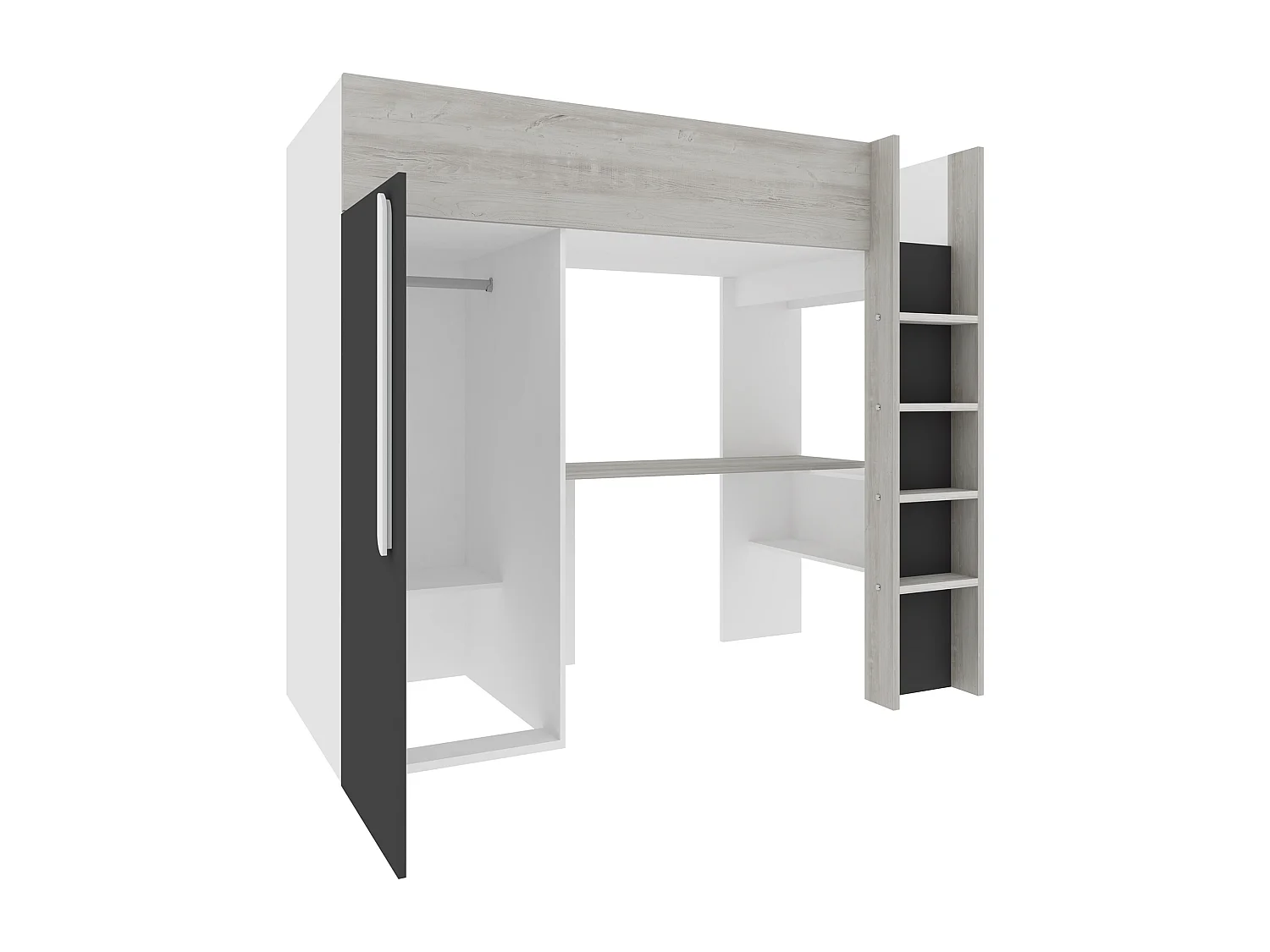 Loftseng 90 x 200 cm med skab og skrivebord - Farve: Natur og antracit - NICOLAS