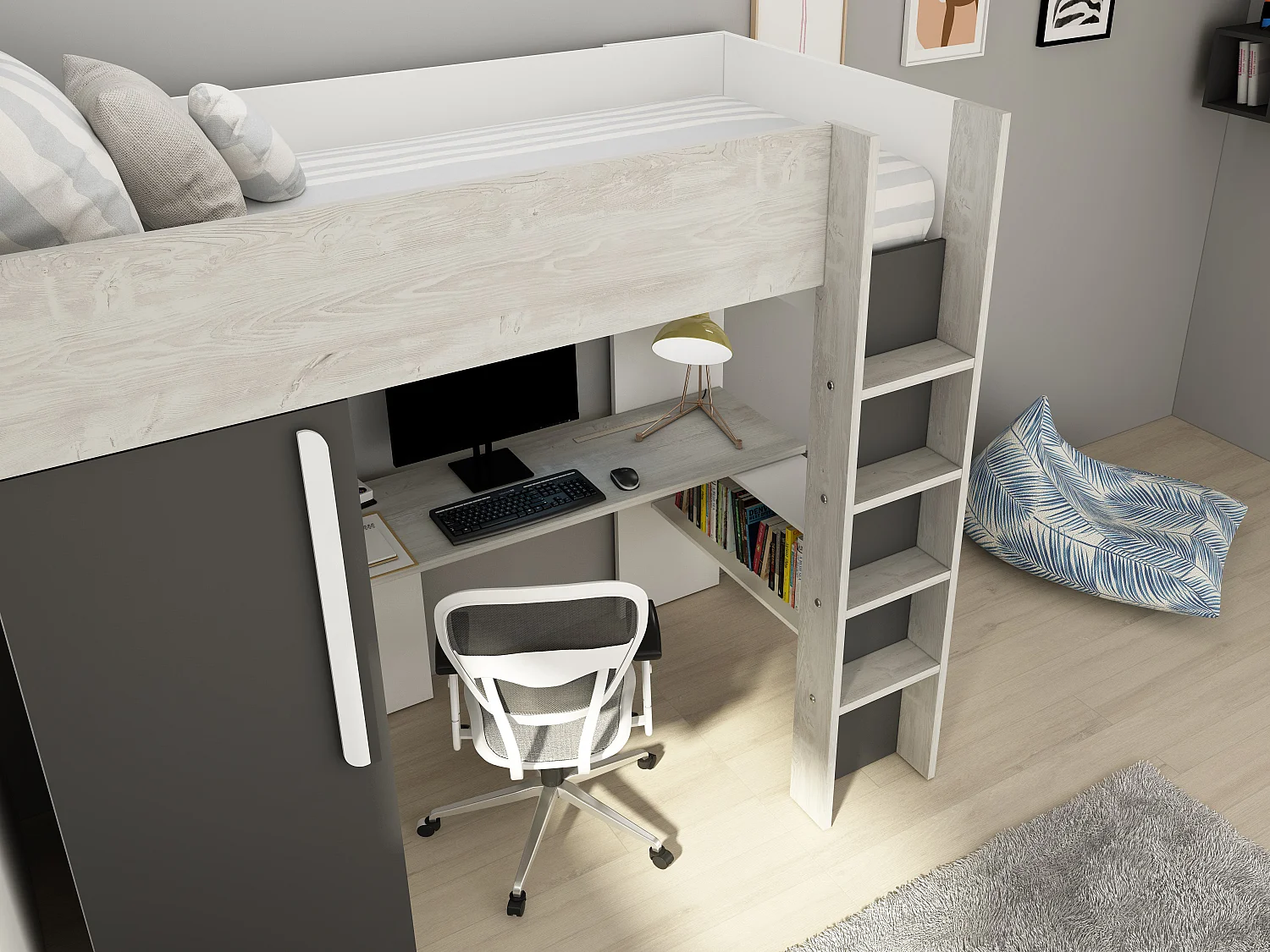 Loftsäng 90 x 200 cm med garderob och skrivbord – Färg: Naturlig och antracit - NICOLAS