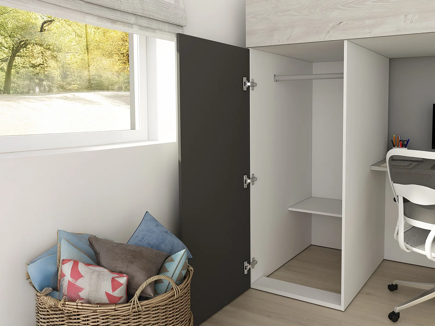 Loftsäng 90 x 200 cm med garderob och skrivbord – Färg: Naturlig och antracit - NICOLAS