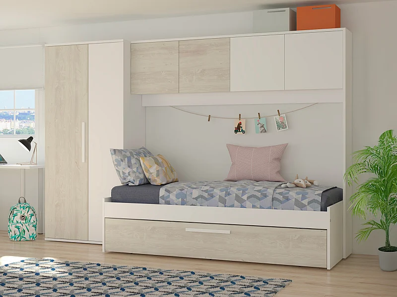 Lit avec tiroir gigogne 2 x 90 x 200 cm - Avec armoire – Blanc et naturel - LUMOKA