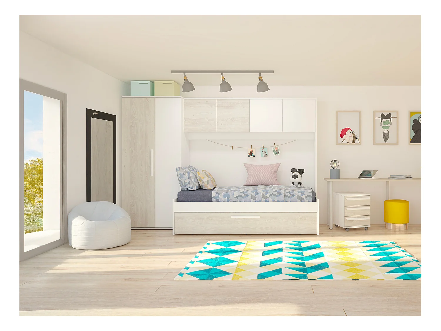 Lit avec tiroir gigogne 2 x 90 x 200 cm - Avec armoire – Blanc et naturel - LUMOKA