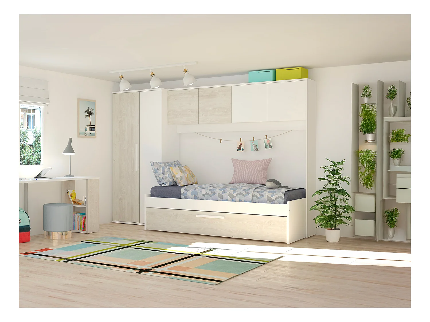 Lit avec tiroir gigogne 2 x 90 x 200 cm - Avec armoire – Blanc et naturel - LUMOKA