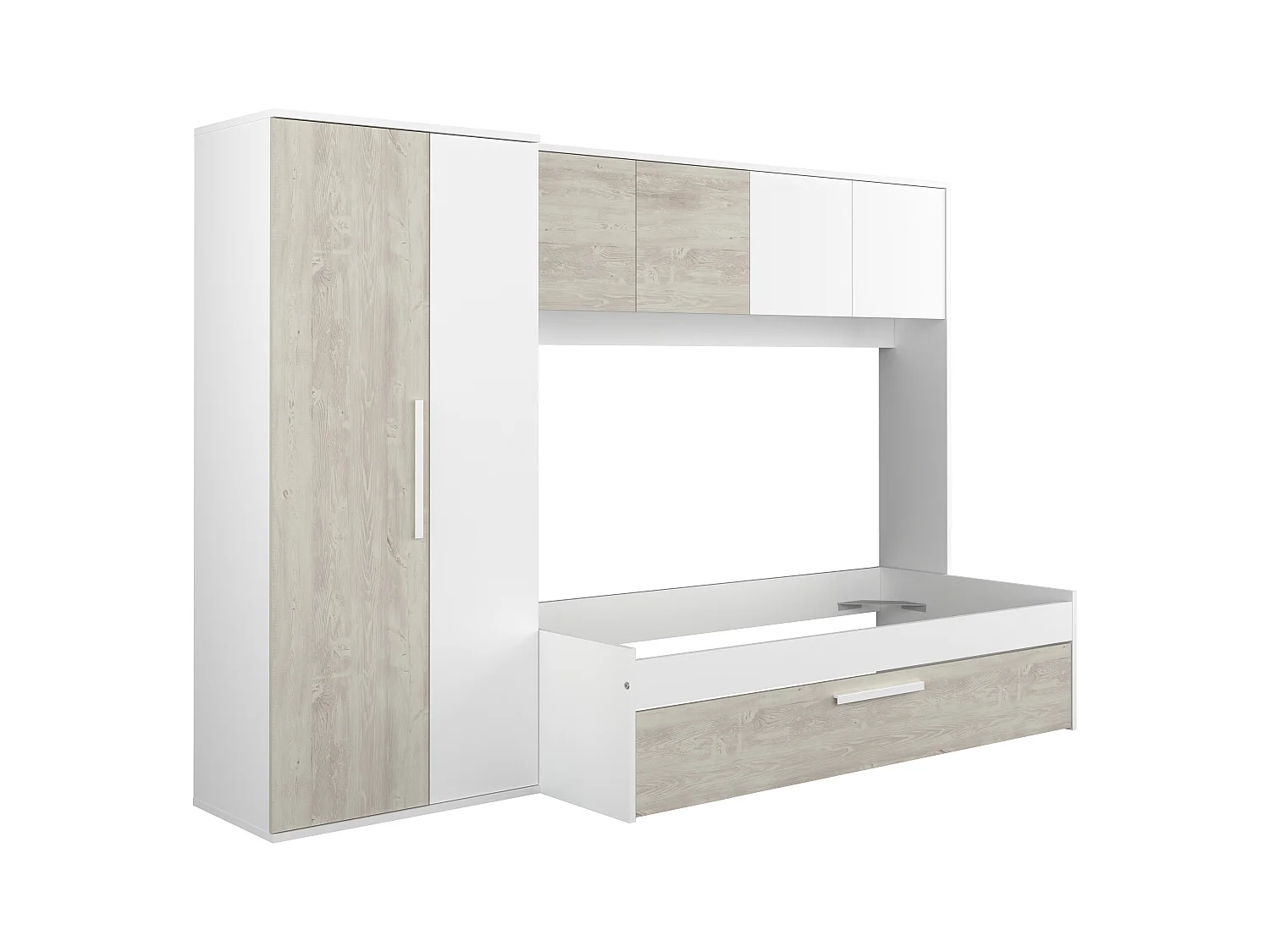 Lit avec tiroir gigogne 2 x 90 x 200 cm - Avec armoire – Blanc et naturel - LUMOKA