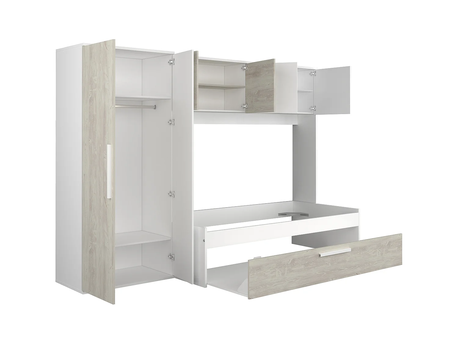 Lit avec tiroir gigogne 2 x 90 x 200 cm - Avec armoire – Blanc et naturel - LUMOKA