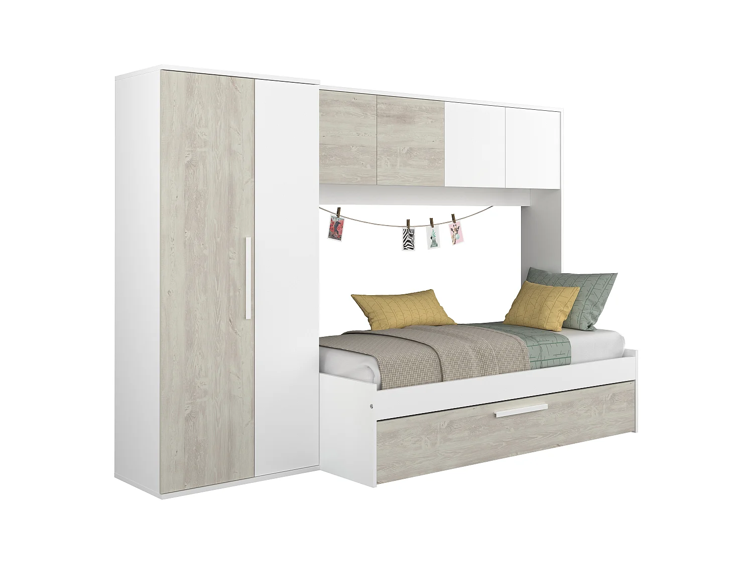Lit avec tiroir gigogne 2 x 90 x 200 cm - Avec armoire – Blanc et naturel - LUMOKA