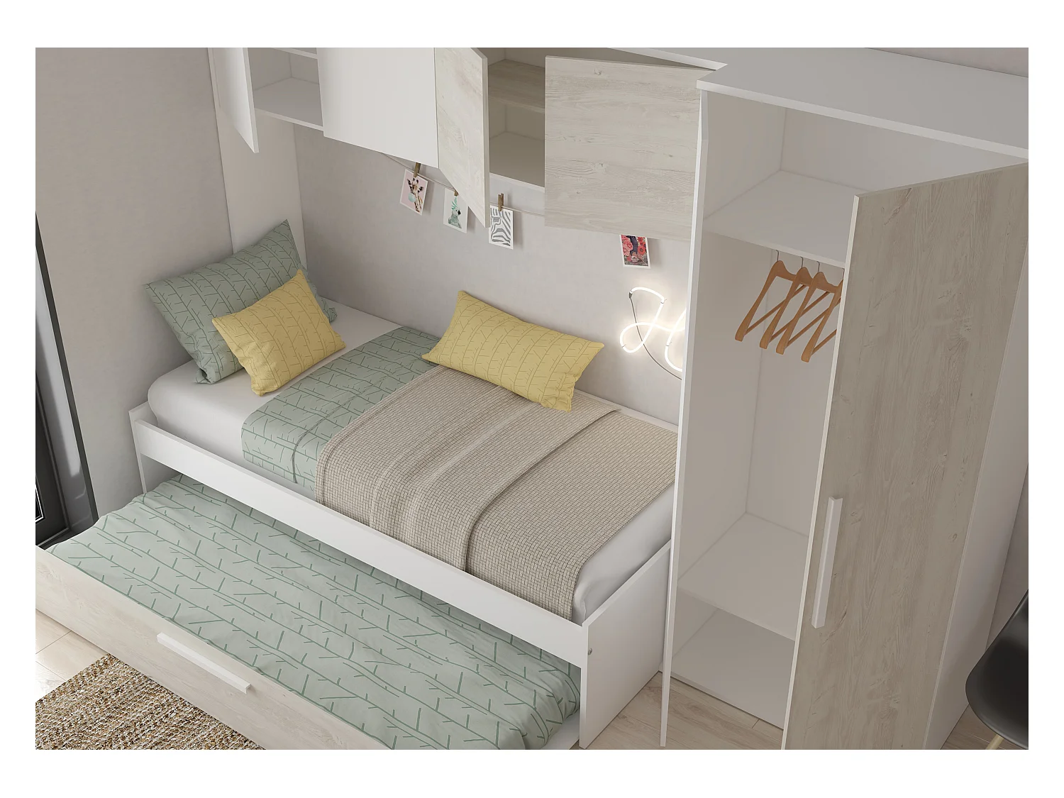 Lit avec tiroir gigogne 2 x 90 x 200 cm - Avec armoire – Blanc et naturel - LUMOKA