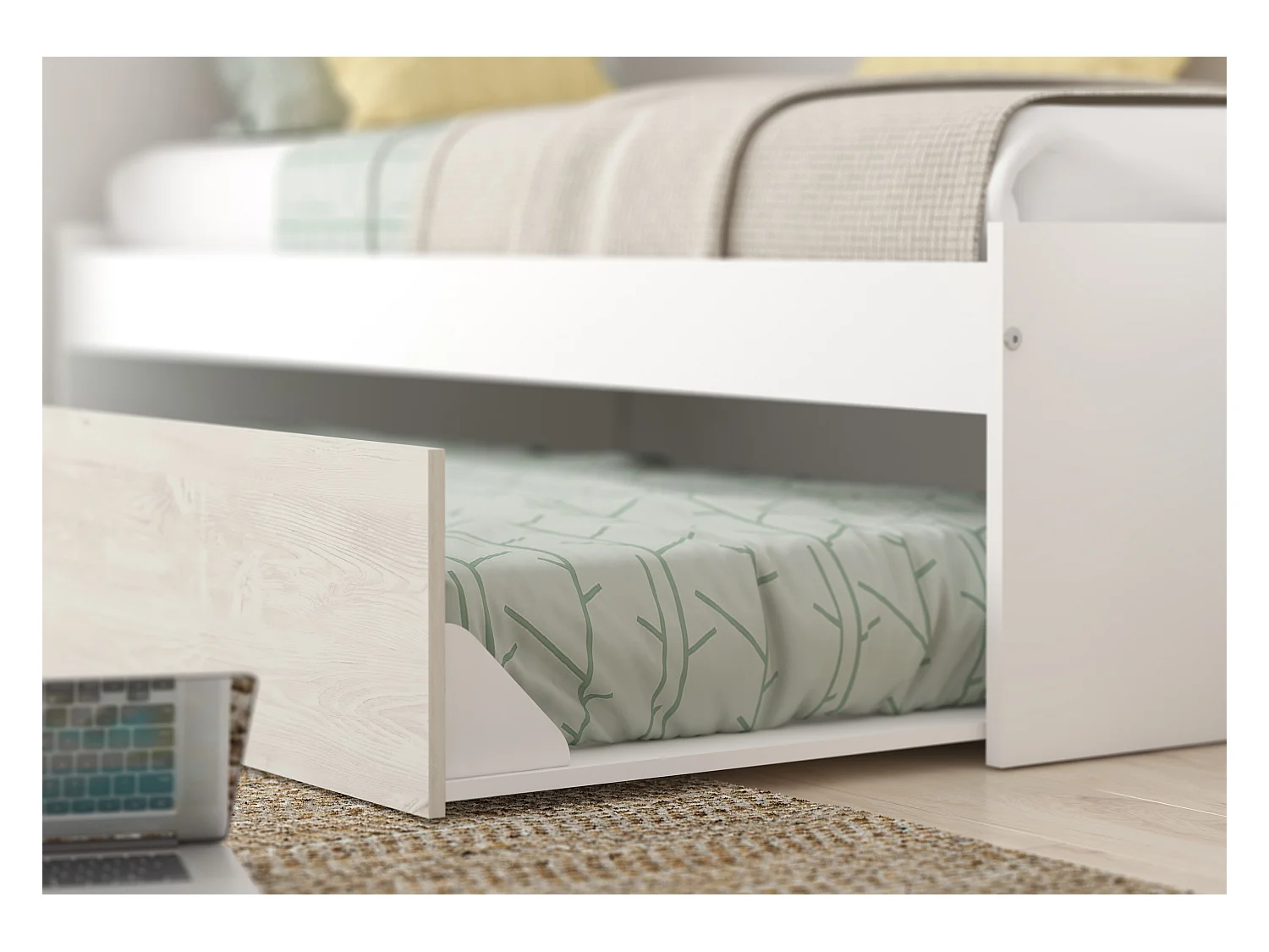 Lit avec tiroir gigogne 2 x 90 x 200 cm - Avec armoire – Blanc et naturel - LUMOKA