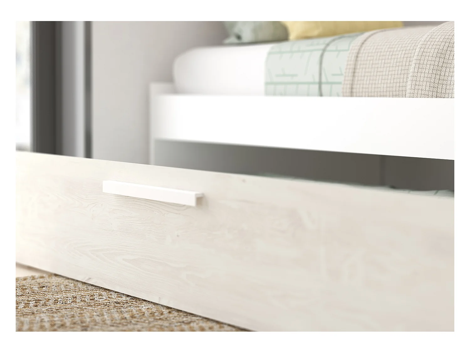 Lit avec tiroir gigogne 2 x 90 x 200 cm - Avec armoire – Blanc et naturel - LUMOKA