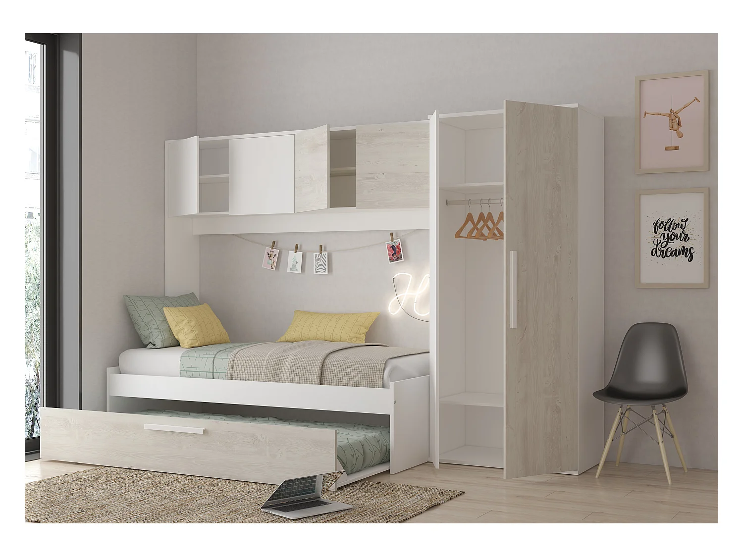 Lit avec tiroir gigogne 2 x 90 x 200 cm - Avec armoire – Blanc et naturel - LUMOKA