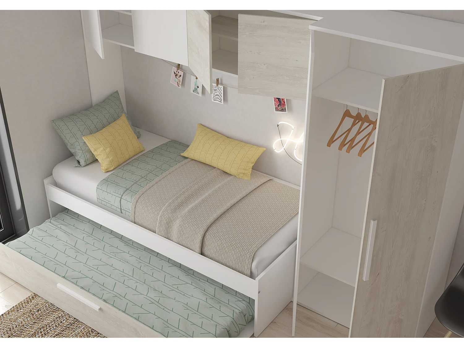 Seng med uttrekksseng 2 x 90 x 200 cm - Med skap – Hvit og naturlig - LUMOKA