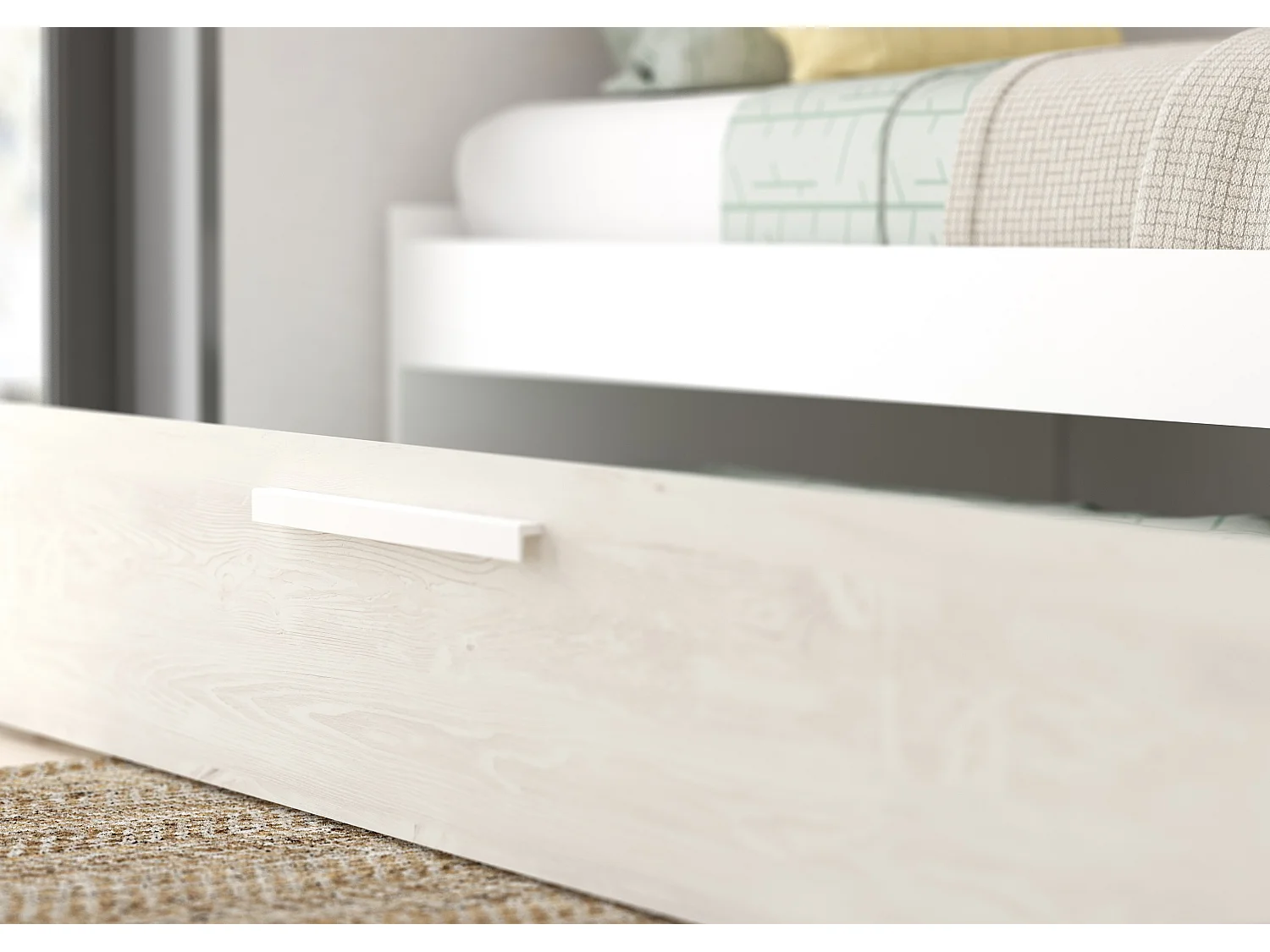 Seng med uttrekksseng 2 x 90 x 200 cm - Med skap – Hvit og naturlig - LUMOKA