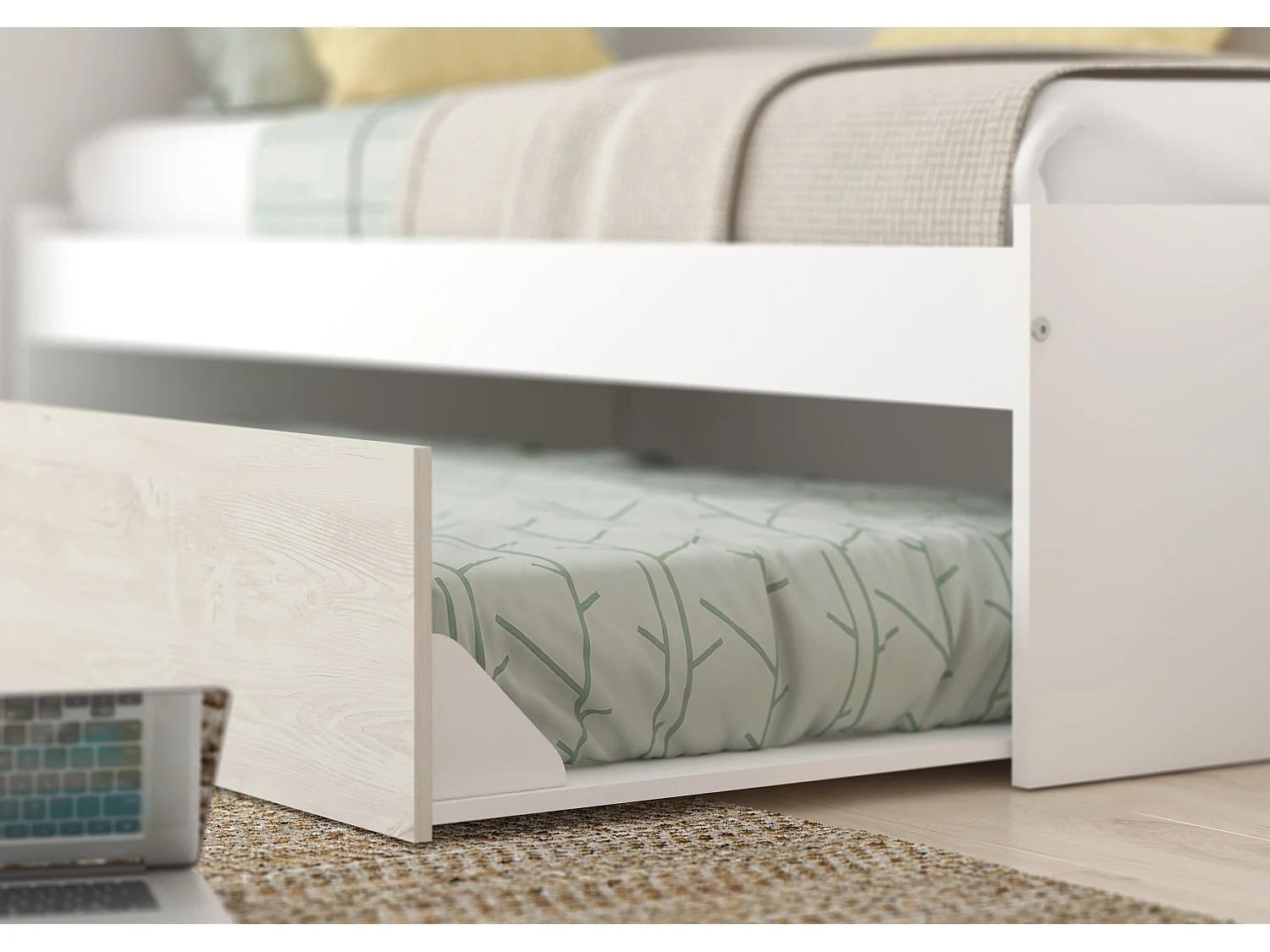 Seng med uttrekksseng 2 x 90 x 200 cm - Med skap – Hvit og naturlig - LUMOKA