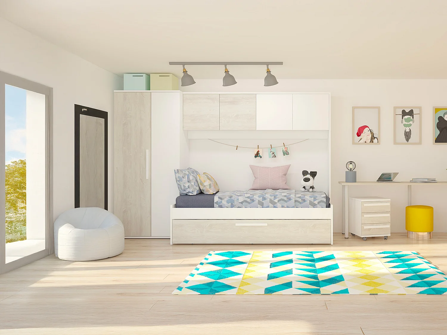 Säng med utdragbar extrasäng 2 x 90 x 200 cm - Med garderob - Vit och natur - LUMOKA