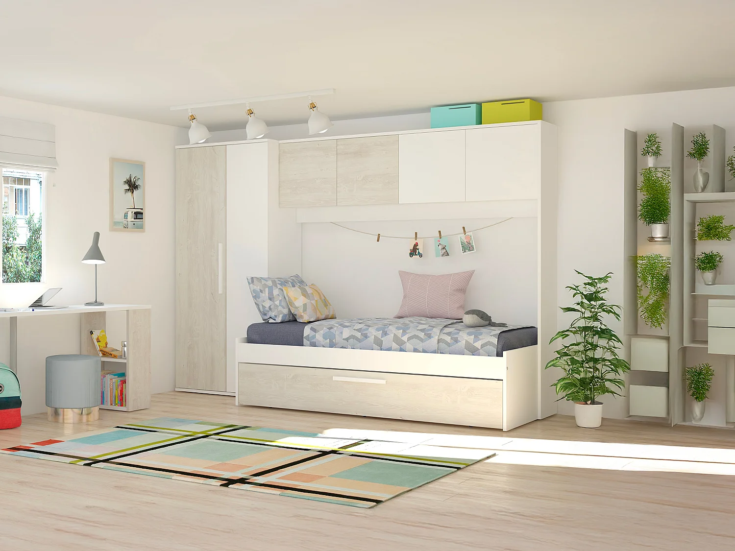 Säng med utdragbar extrasäng 2 x 90 x 200 cm - Med garderob - Vit och natur - LUMOKA