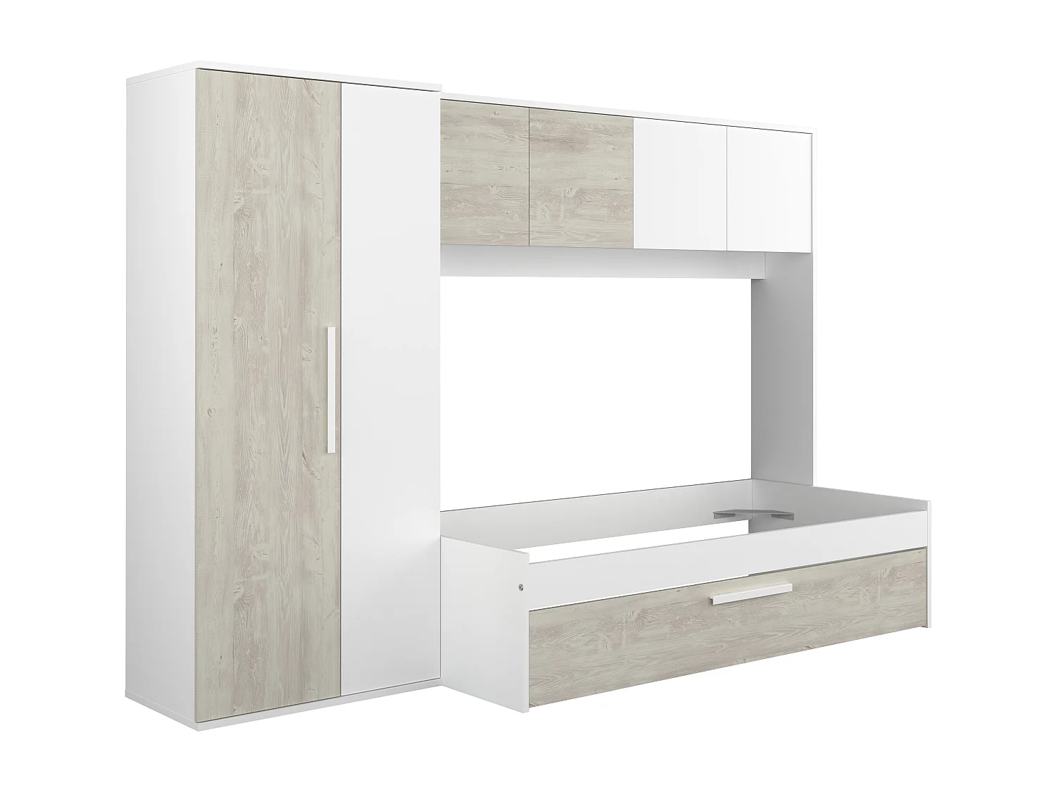 Säng med utdragbar extrasäng 2 x 90 x 200 cm - Med garderob - Vit och natur - LUMOKA