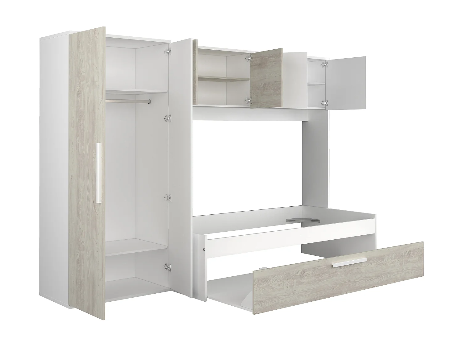 Säng med utdragbar extrasäng 2 x 90 x 200 cm - Med garderob - Vit och natur - LUMOKA