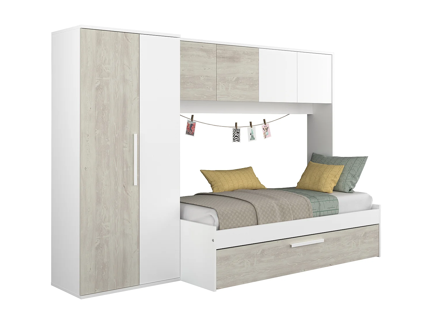 Säng med utdragbar extrasäng 2 x 90 x 200 cm - Med garderob - Vit och natur - LUMOKA