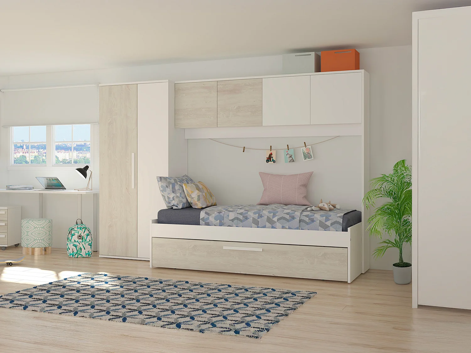 Säng med utdragbar extrasäng 2 x 90 x 200 cm - Med garderob - Vit och natur - LUMOKA