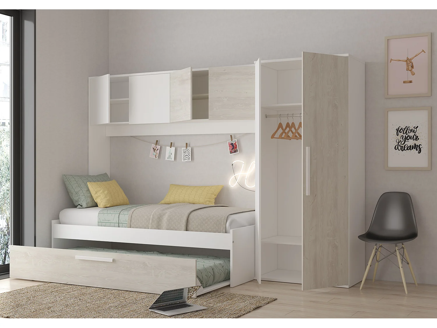 Säng med utdragbar extrasäng 2 x 90 x 200 cm - Med garderob - Vit och natur - LUMOKA