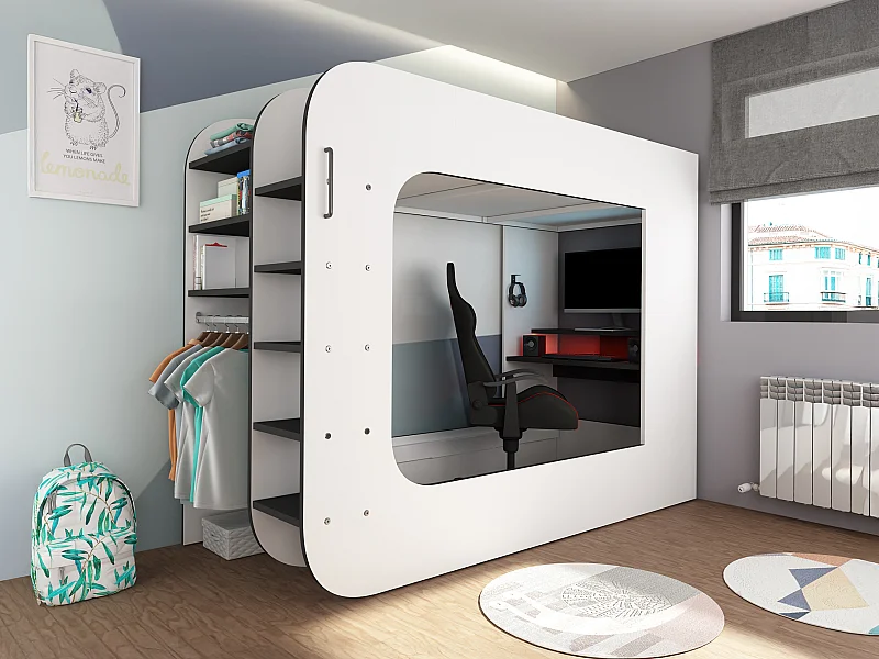 Lit mezzanine gamer 90 x 200 cm - Avec bureau et rangements - Avec LEDs – Blanc et anthracite - WARRIOR