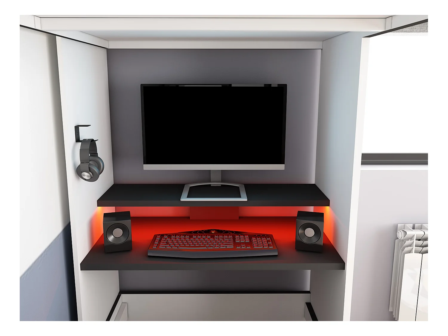 Lit mezzanine gamer 90 x 200 cm - Avec bureau et rangements - Avec LEDs – Blanc et anthracite - WARRIOR