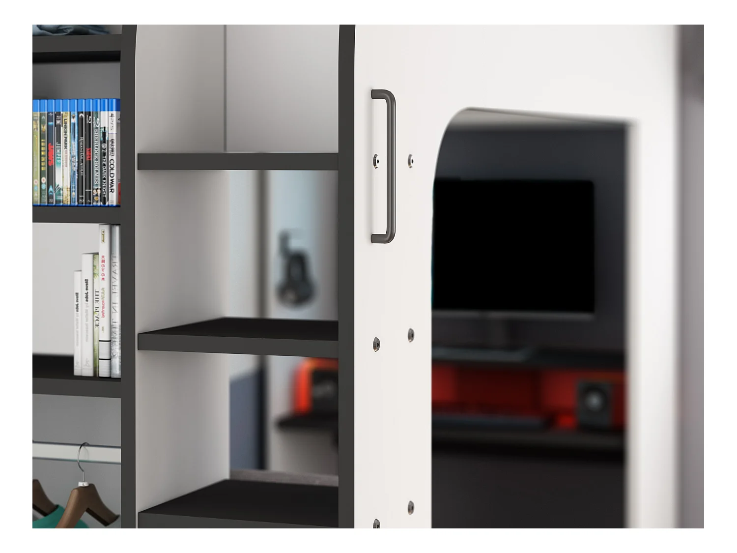 Lit mezzanine gamer 90 x 200 cm - Avec bureau et rangements - Avec LEDs – Blanc et anthracite - WARRIOR