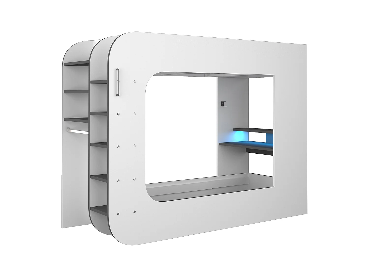 Lit mezzanine gamer 90 x 200 cm - Avec bureau et rangements - Avec LEDs – Blanc et anthracite - WARRIOR