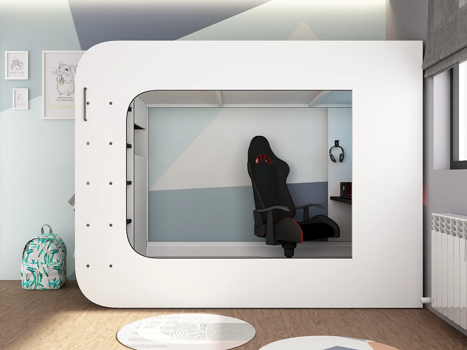 Lit mezzanine gamer 90 x 200 cm - Avec bureau et rangements - Avec LEDs – Blanc et anthracite - WARRIOR