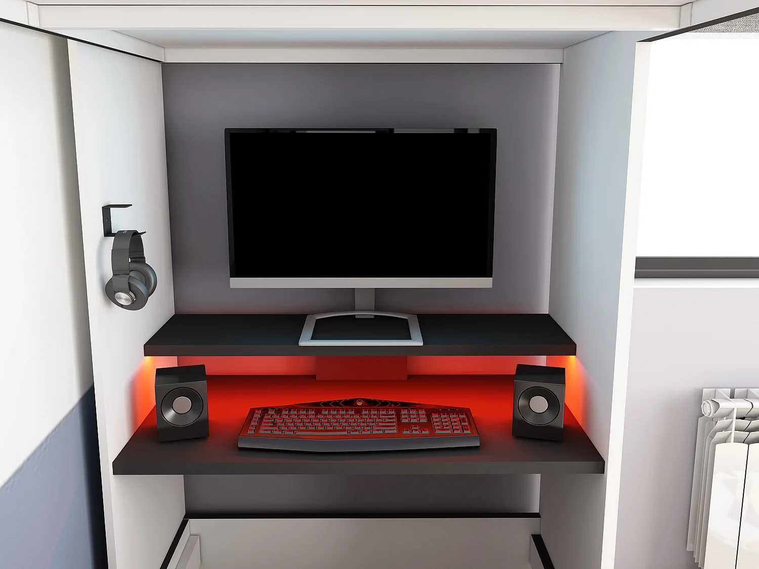 Gamerloftsäng 90 x 200 cm - Med skrivbord och förvaring - Med LED-belysning - Vit och antracitgrå - WARRIOR