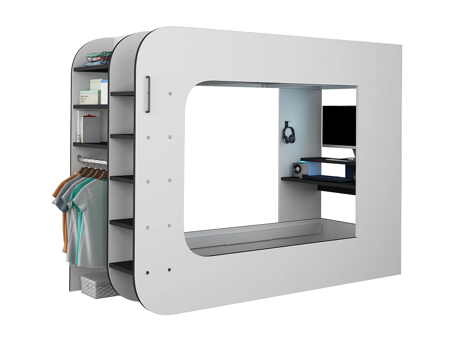 Gamerloftsäng 90 x 200 cm - Med skrivbord och förvaring - Med LED-belysning - Vit och antracitgrå - WARRIOR
