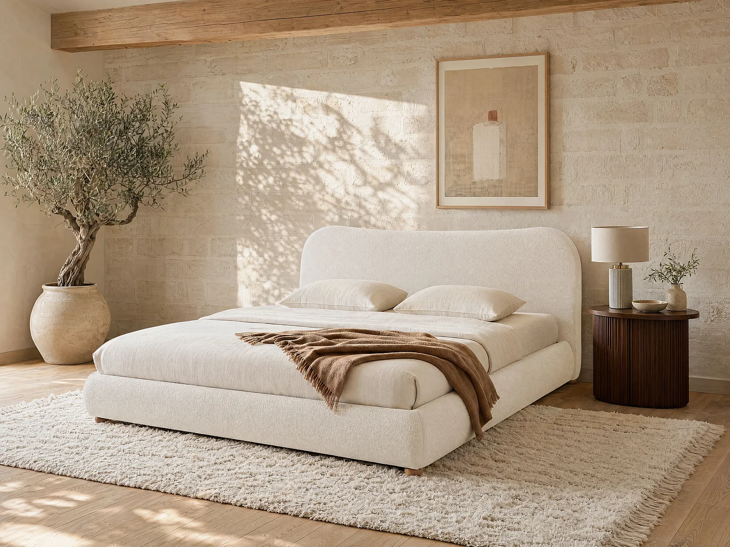 Lit coffre 200 x 200 cm - Tissu bouclette - Blanc - VANARI