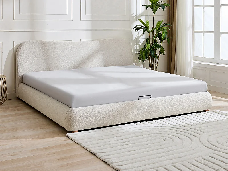 Lit coffre 200 x 200 cm - Tissu bouclette - Blanc - VANARI