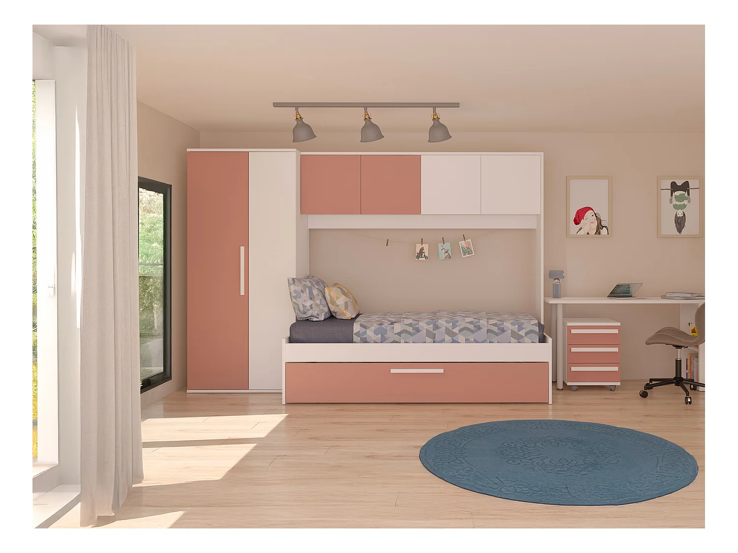 Lit avec tiroir gigogne 2 x 90 x 200 cm - Avec armoire – Rose et blanc - LUMOKA