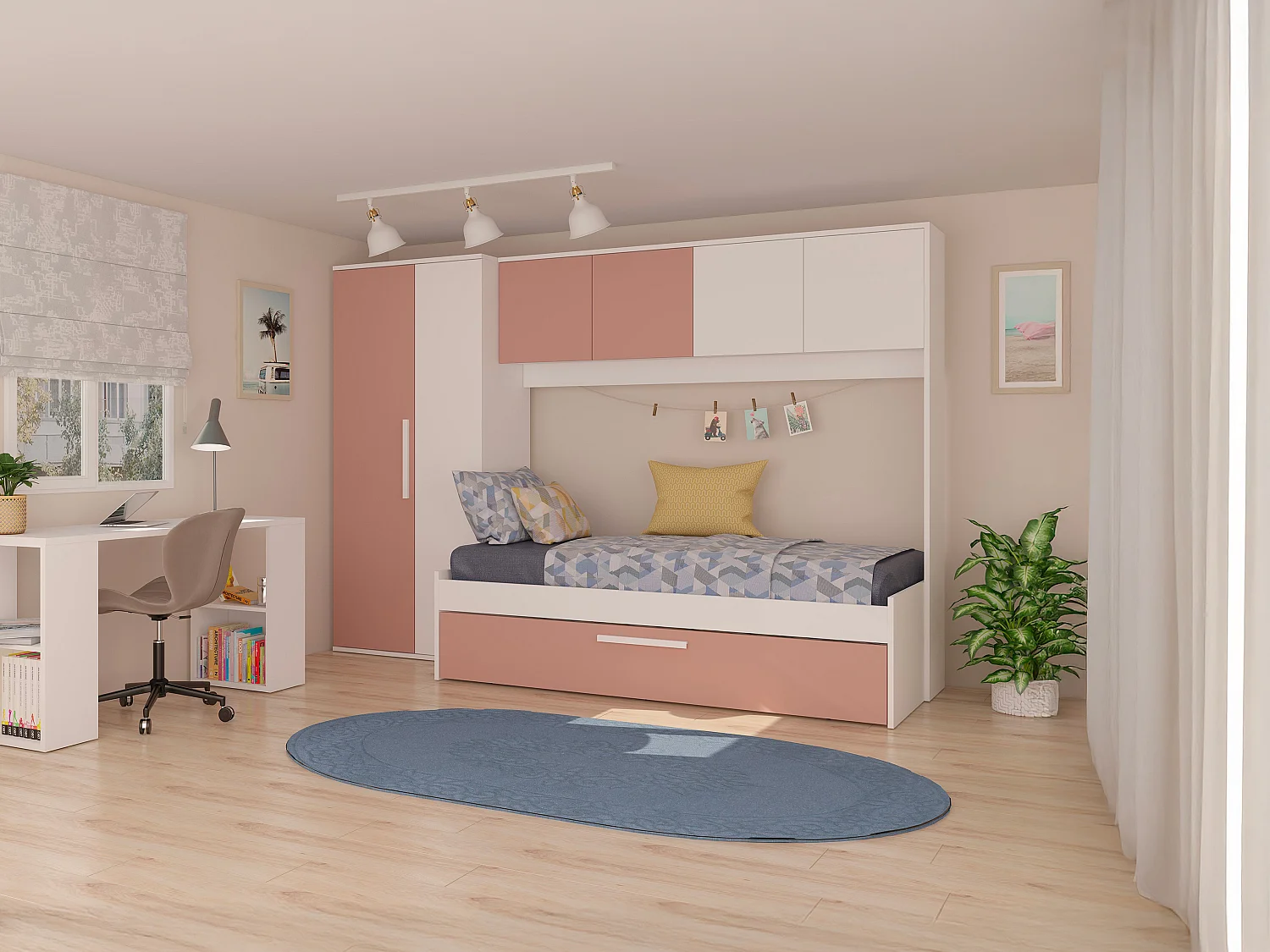 Lit avec tiroir gigogne 2 x 90 x 200 cm - Avec armoire – Rose et blanc - LUMOKA