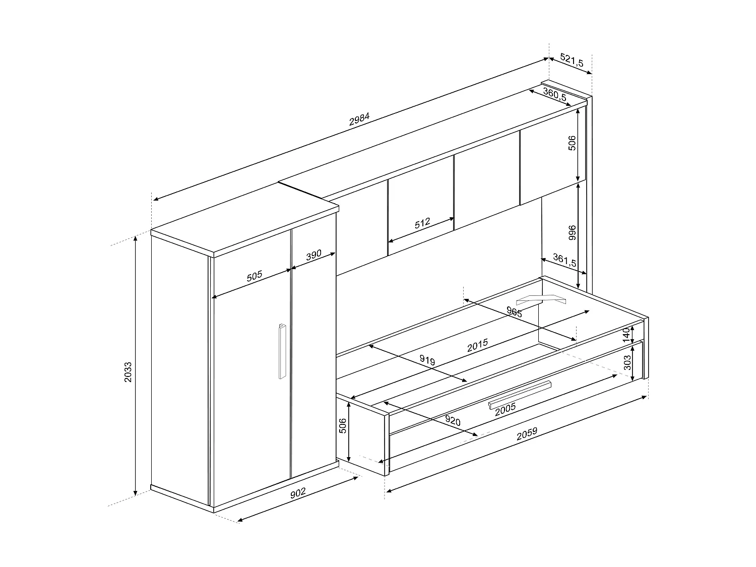 Lit avec tiroir gigogne 2 x 90 x 200 cm - Avec armoire – Rose et blanc - LUMOKA