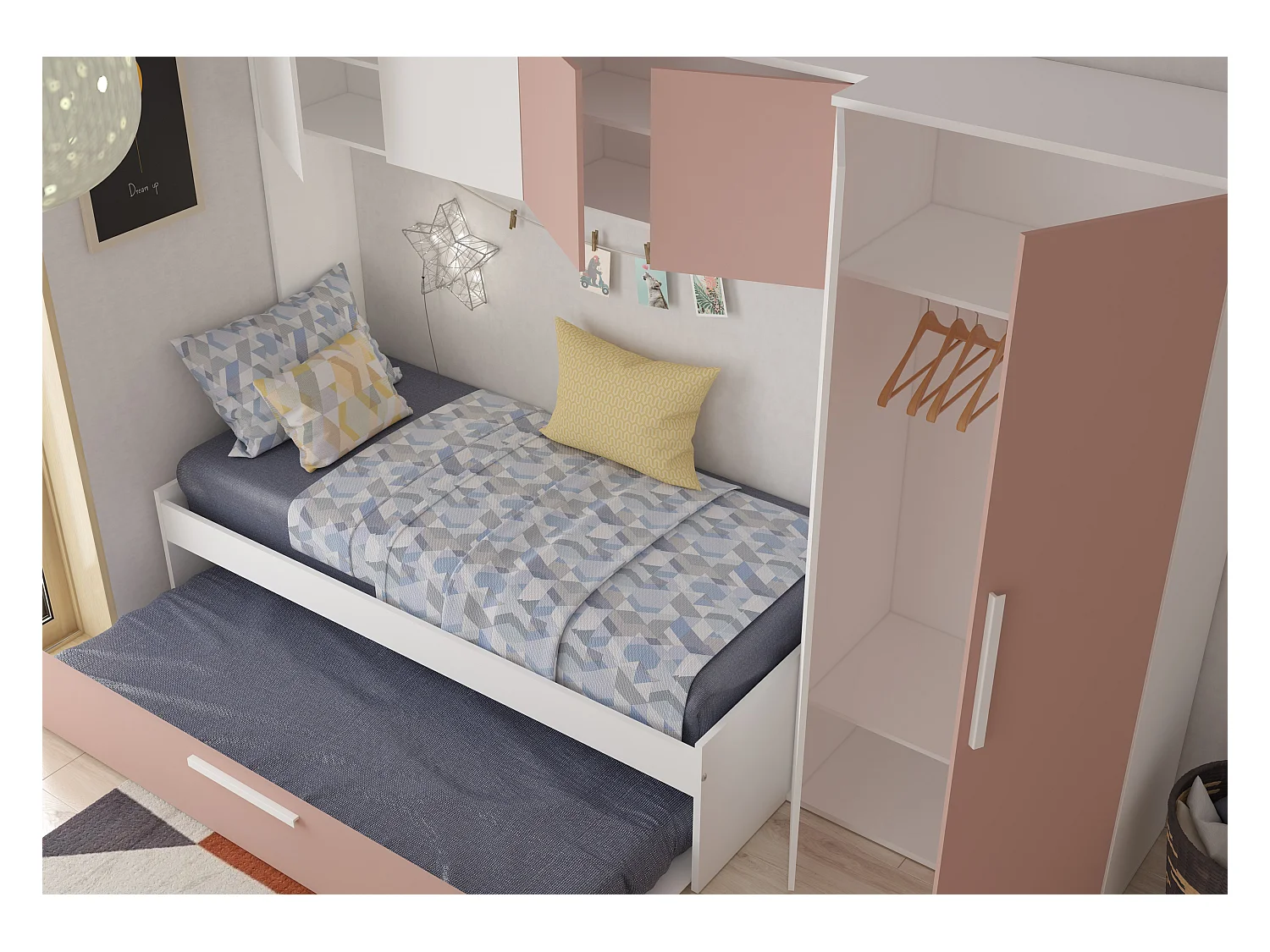 Lit avec tiroir gigogne 2 x 90 x 200 cm - Avec armoire – Rose et blanc - LUMOKA