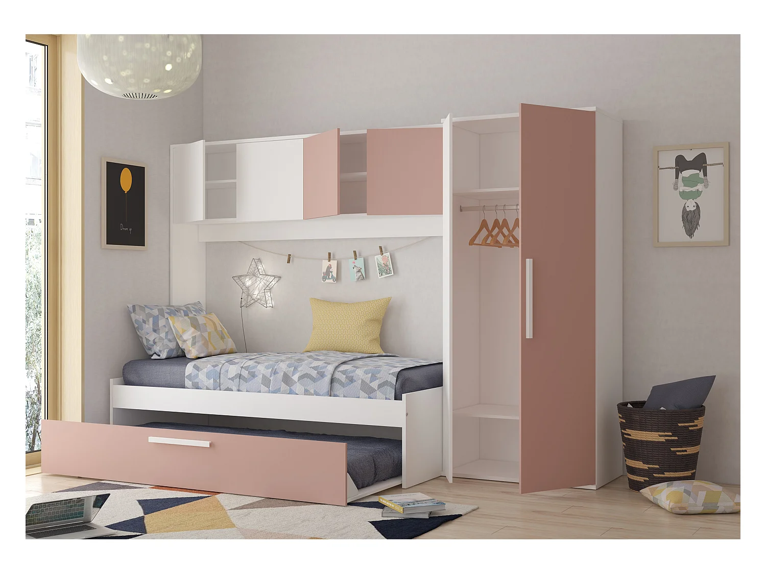 Lit avec tiroir gigogne 2 x 90 x 200 cm - Avec armoire – Rose et blanc - LUMOKA