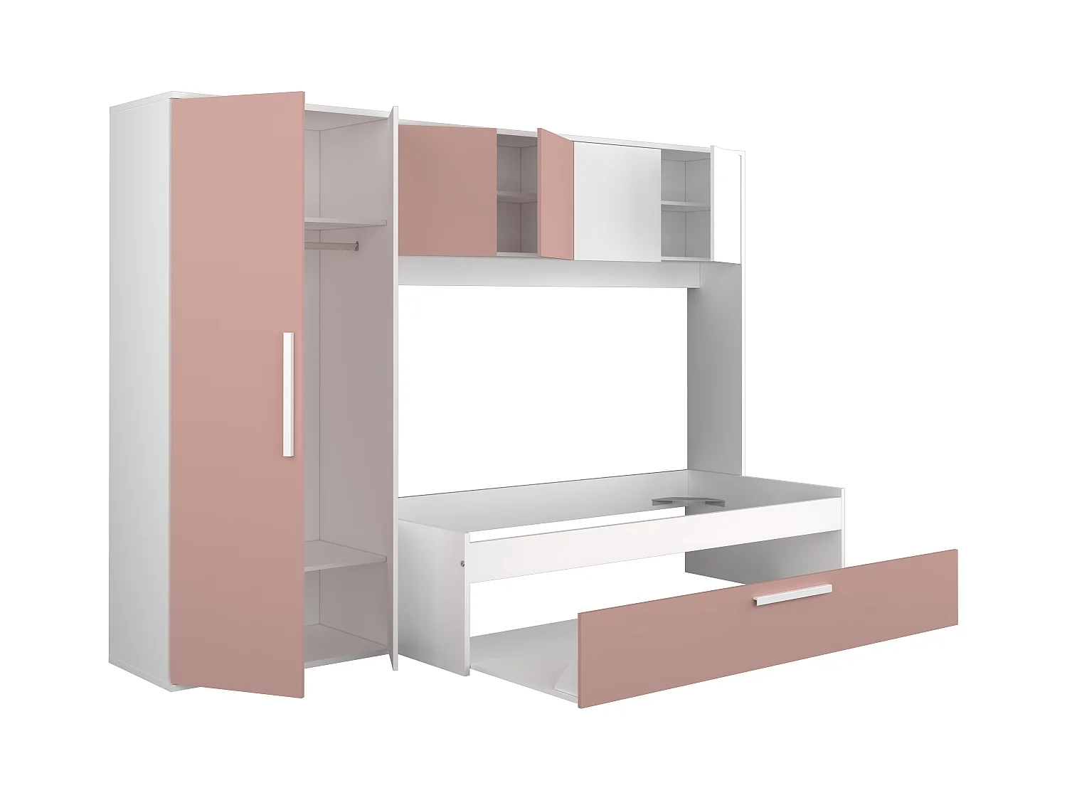 Seng med skuffeseng 2 x 90 x 200 cm - Med garderobeskap - Rosa og hvit - LUMOKA