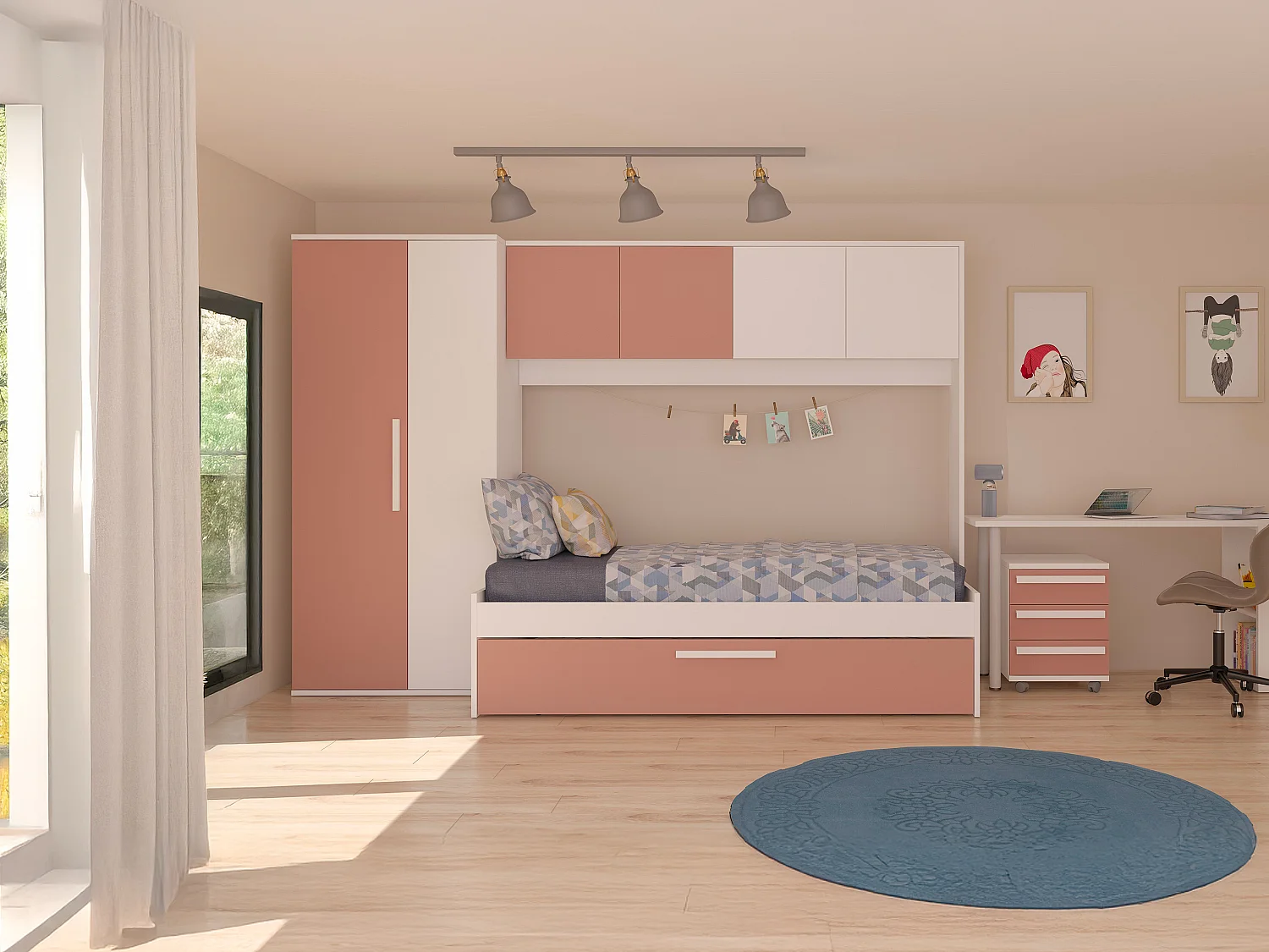 Säng med bäddsoffa 2 x 90 x 200 cm - Med garderob - Rosa och vit - LUMOKA