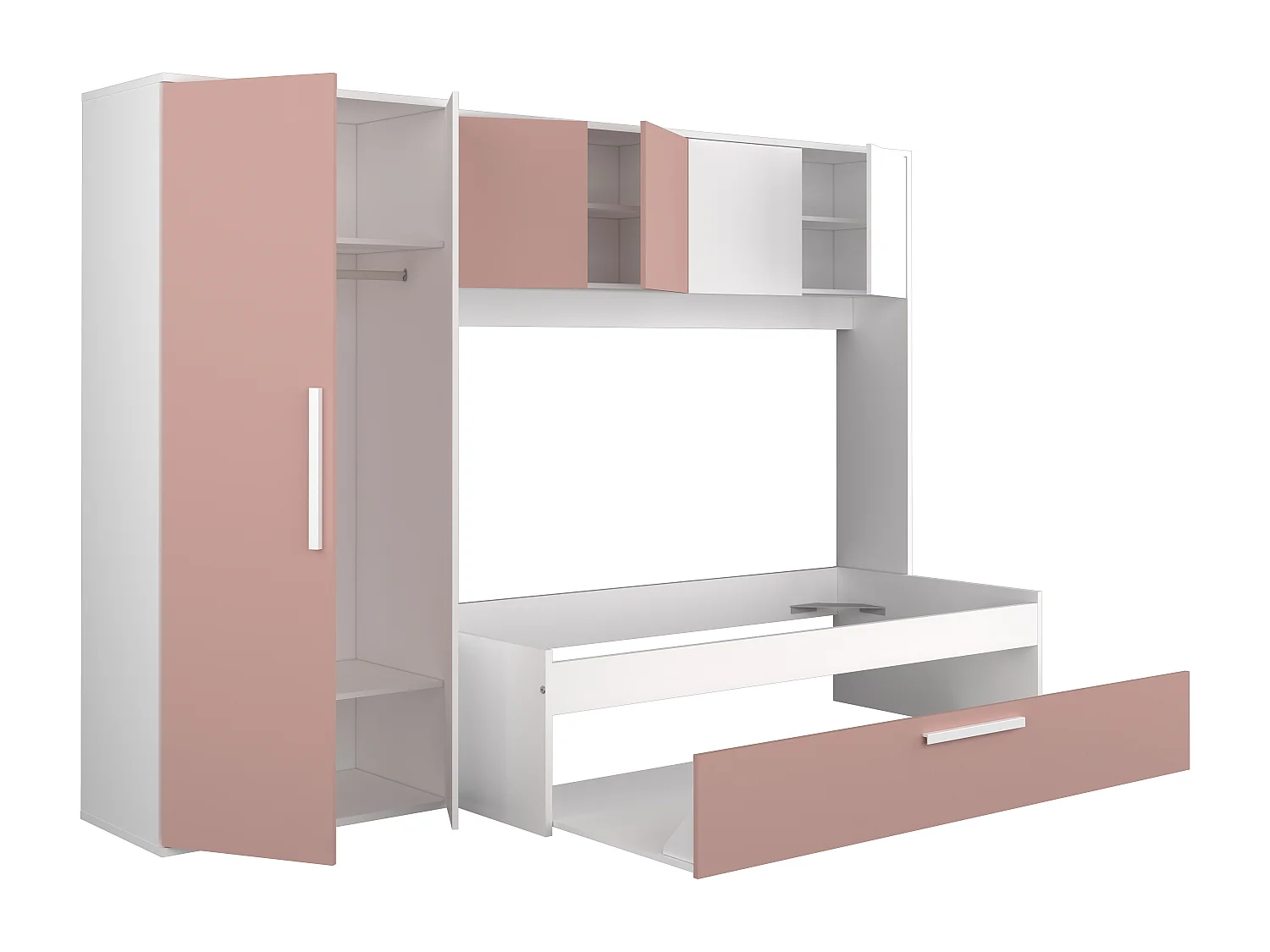 Säng med bäddsoffa 2 x 90 x 200 cm - Med garderob - Rosa och vit - LUMOKA