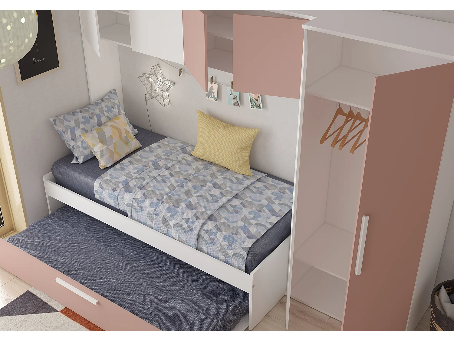 Säng med bäddsoffa 2 x 90 x 200 cm - Med garderob - Rosa och vit - LUMOKA