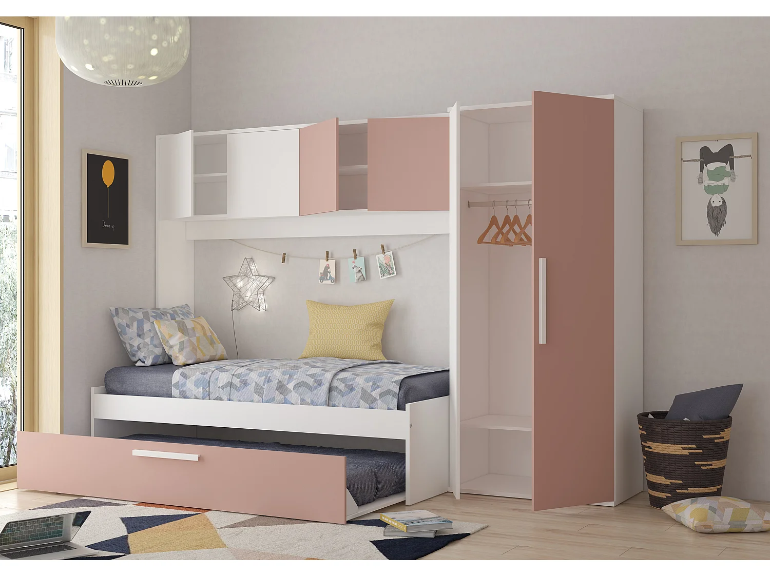 Säng med bäddsoffa 2 x 90 x 200 cm - Med garderob - Rosa och vit - LUMOKA