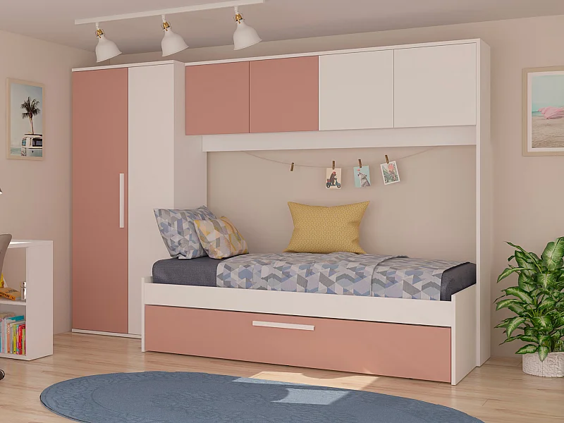 Cama dupla 2 x 90 x 200 cm - Com armário - Rosa e branco - LUMOKA