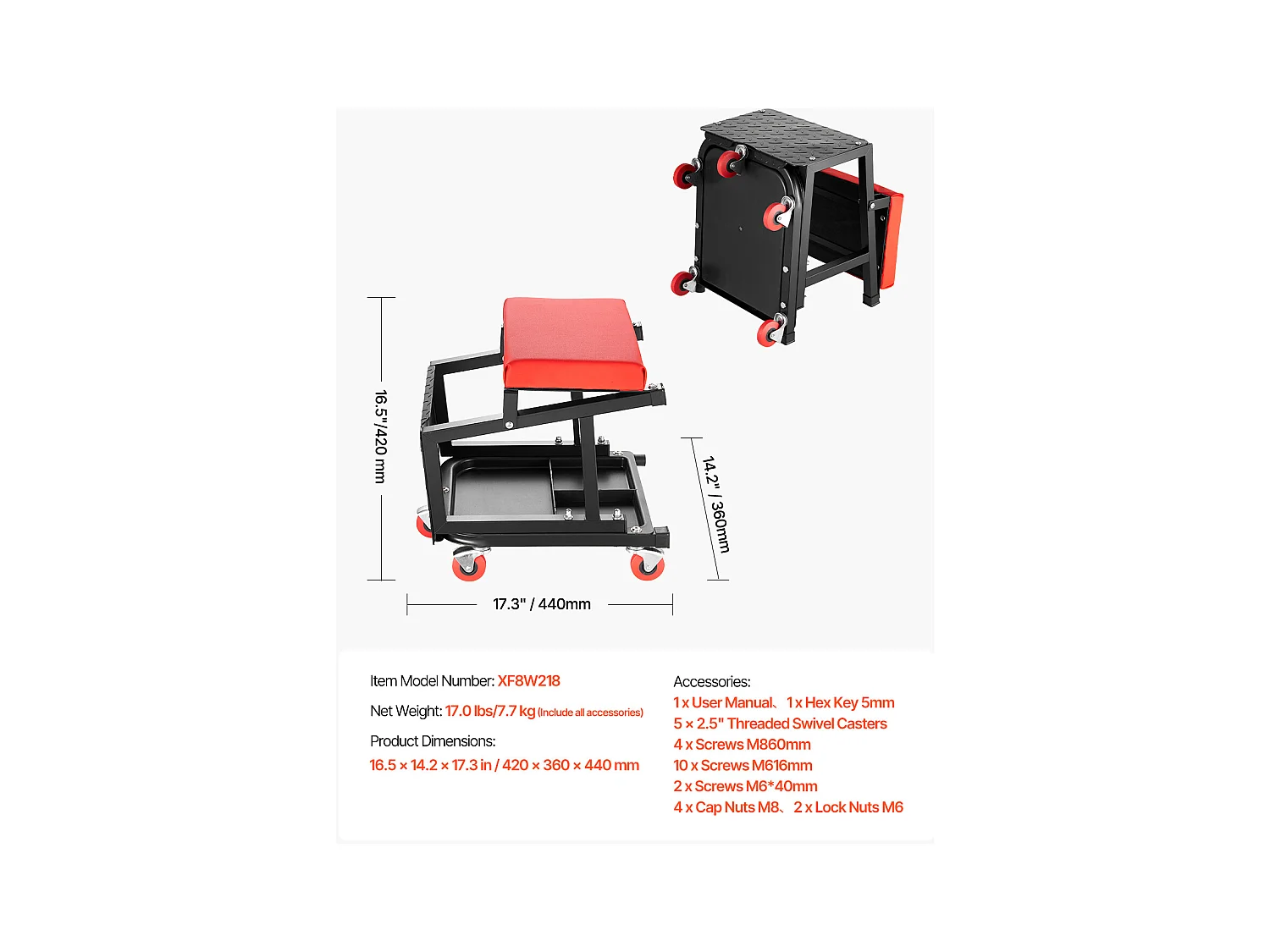 Tabouret d'Atelier SucceBuy, Mécanicien avec Roulettes Siège Escabeau Charge 136 kg