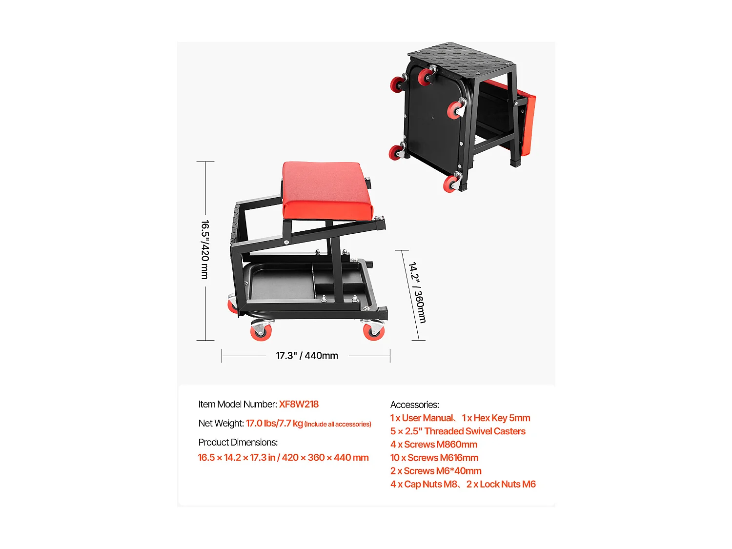 Tabouret d'Atelier SucceBuy, Mécanicien avec Roulettes Siège Escabeau Charge 136 kg